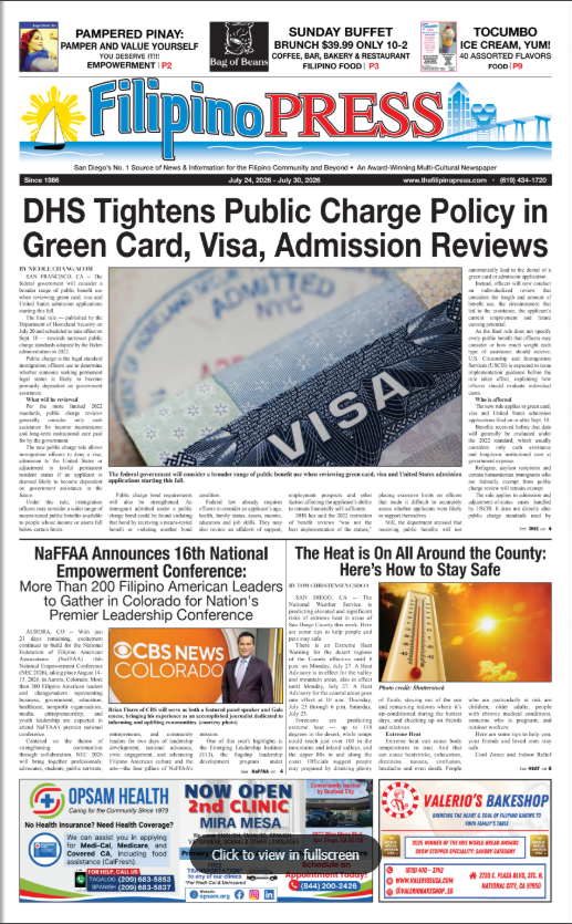 Front page of the Filipino Press newspaper with news headlines, a photo of a green card, visa, and admission sticker, and advertisements for food and health services.