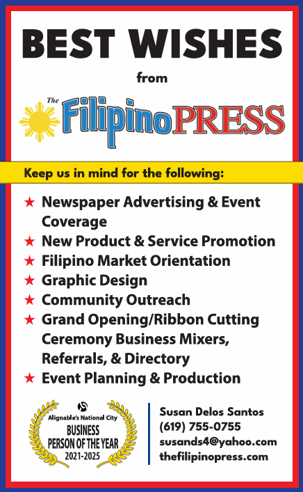 Poster with the message "Best Wishes from the Filipino Press," listing services like newspaper advertising, event coverage, product promotion, graphic design, community outreach, grand opening ceremonies, and event planning, with a business award for Susan Delos Santos.