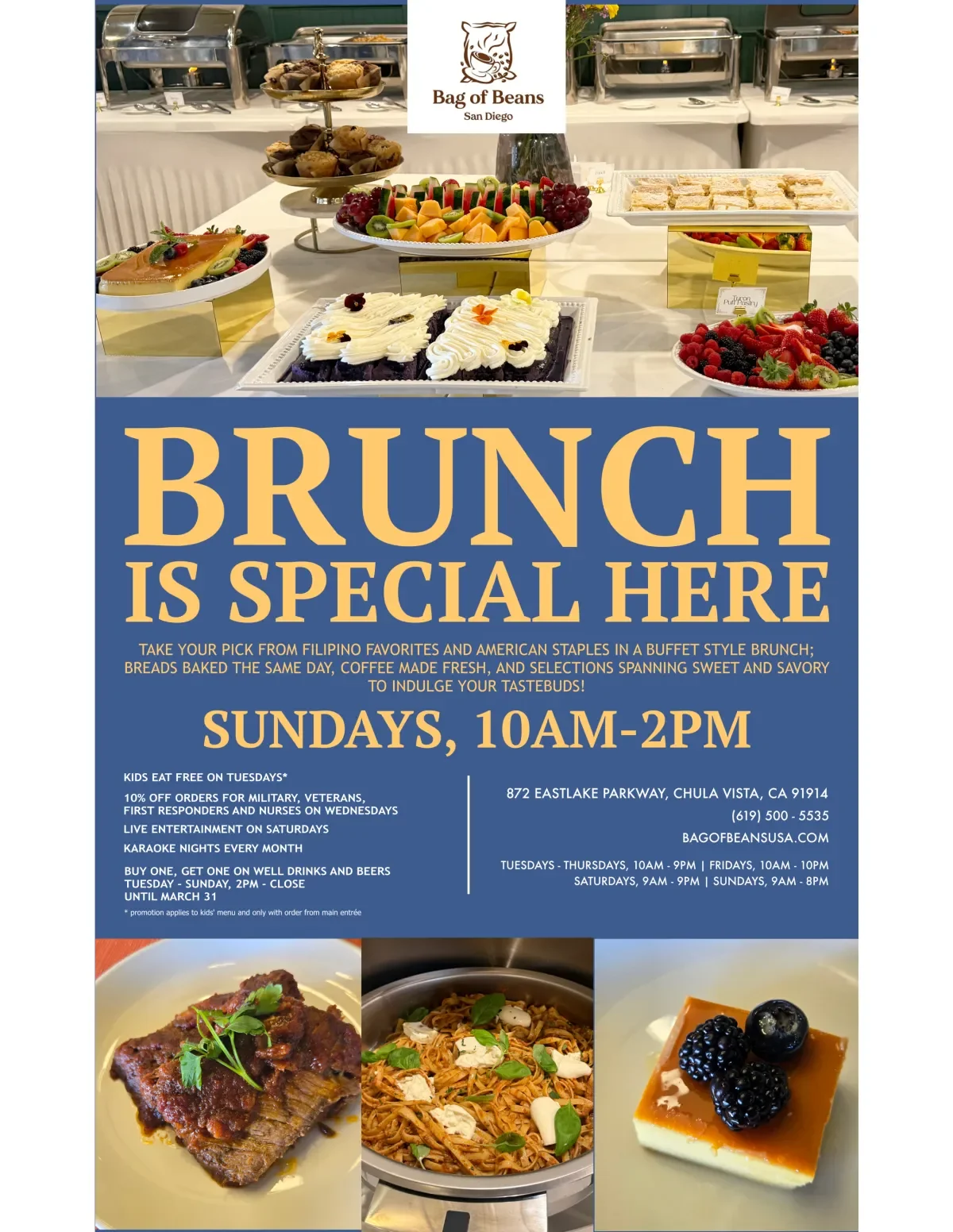 A flyer for a brunch event featuring a dessert table with cakes, fruits, and pastries. The flyer announces brunch is available on Sundays from 10 am to 2 pm at Bag of Beans, San Diego, with details on menu and promotions.