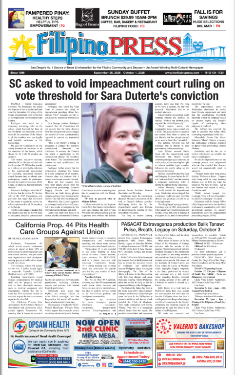 A Filipino newspaper called FilipnoPRESS with headlines about Filipino community news, including a story about Sarai Duterte's court case, and an advert for a Sunday buffet at a Filipino restaurant.