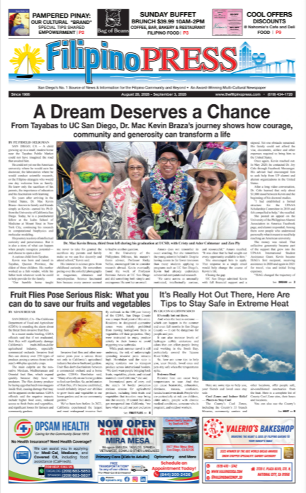 A front page of the FilipinioPress newspaper featuring a main story titled 'A Dream Deserves a Chance,' focusing on Dr. Mac Kevin Batan's journey from Tbayas to UC San Diego, alongside a photo of four smiling individuals. Additional articles discuss fruit file risks and tips for staying safe in extreme heat. Advertisements and banners for health clinics and bakeries accompany the articles.