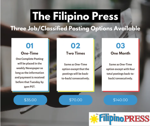 A graphic advertisement for The Filipino Press marketing three job/classified posting options: one-time, two-times, and one-month, with prices of $35, $70, and $140 respectively, and a logo of a sun and the words 'Filipino PRESS'.