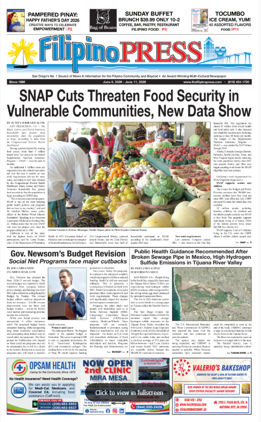 The front page of Filipino Press newspaper dated June 5-11, 2023, featuring a headline about SNAP food security threats in vulnerable communities, with a large photo of people shopping for fresh produce at a market.
