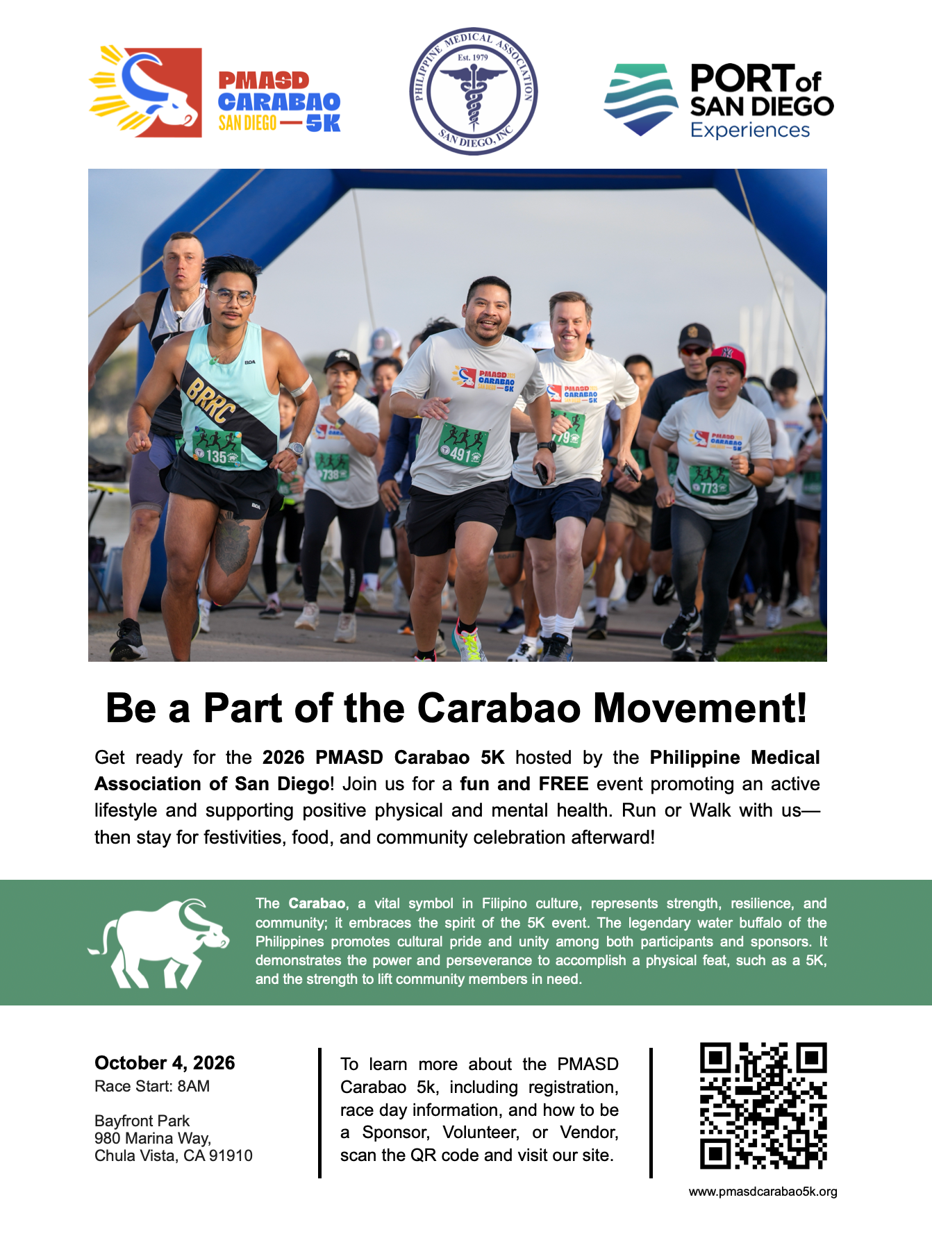Flyer for the 2026 PMASD Carabao 5K event in San Diego, featuring a photo of diverse participants running, logos of the Philippine Medical Association, Port of San Diego, and a water buffalo symbol, event date October 4, 2026, and location Bayfront Park, Chula Vista, CA.
