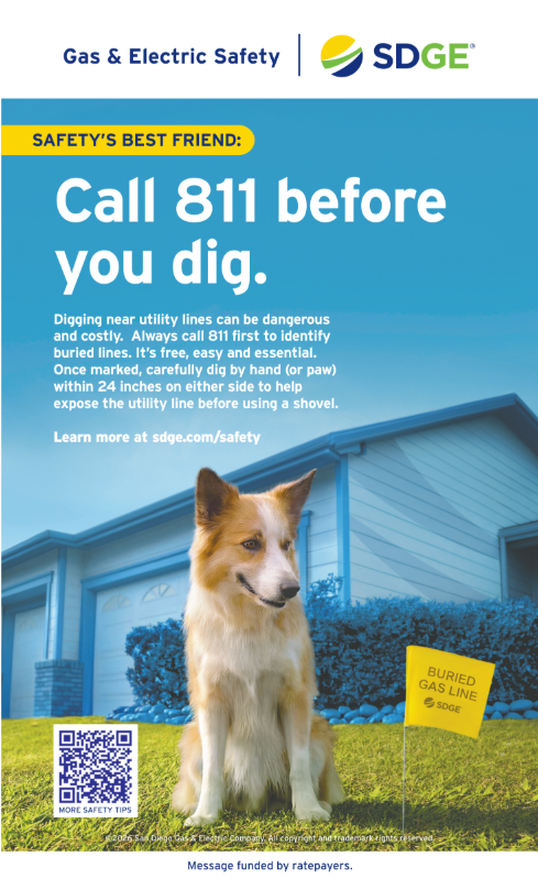 Public safety notice from SDG&E advising to call 811 before digging near utility lines. The graphic features a dog sitting on a lawn next to a yellow flag that indicates buried gas lines, with a house in the background.