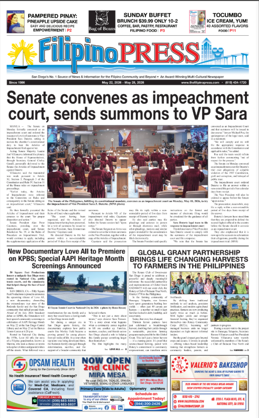Front page of the Filipino PRESS newspaper from May 22, 2023, featuring a headline about the Senate's impeachment process involving VP Sara. The page includes a photo of a ceremony or event with many people dressed in maroon gowns and seated, a documentary announcement about AAPI Heritage Month, a report on a global grant partnership in the Philippines, and advertisements for local businesses and services.
