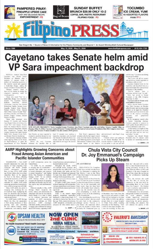Front page of Filipino Press newspaper, dated May 15-21, 2028. Headlines include 'Cayetano takes Senate helm amid VP Sara impeachment backdrop,' and 'Chula Vista City Council Dr. Joy Emmanuel's campaign picks up steam.' The page features photos of political figures, a Filipino flag, and an advertisement for OPSAM health.