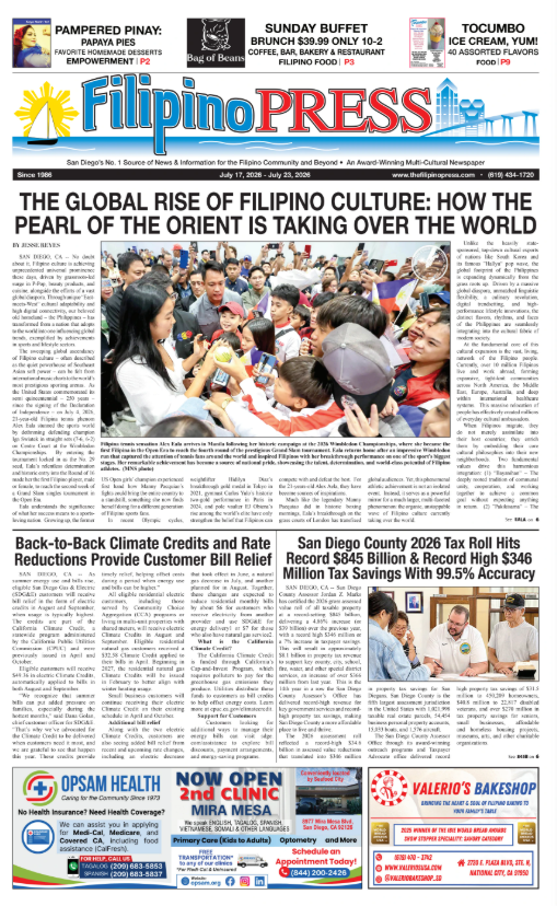 Image of the front page of The Filipino Press for the week of 7/17/26-7/23/26