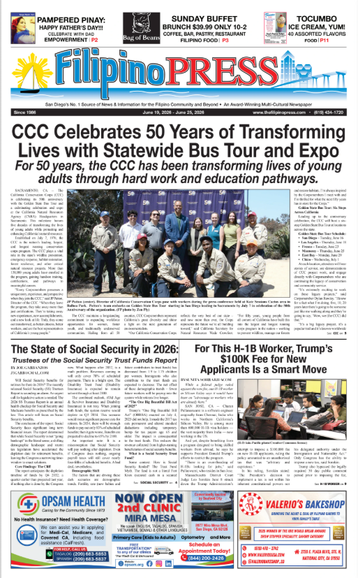 Front page of Filipino Press newspaper dated June 19-25, 2023, celebrating 50 years of transforming lives through education, featuring a group photo of nine people at an outdoor event, headline about CCC's anniversary, articles on social security and H-1B work visa applications, and advertisements for local businesses.