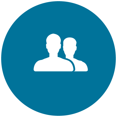 Icon of two overlapping white person silhouettes on a blue circular background.