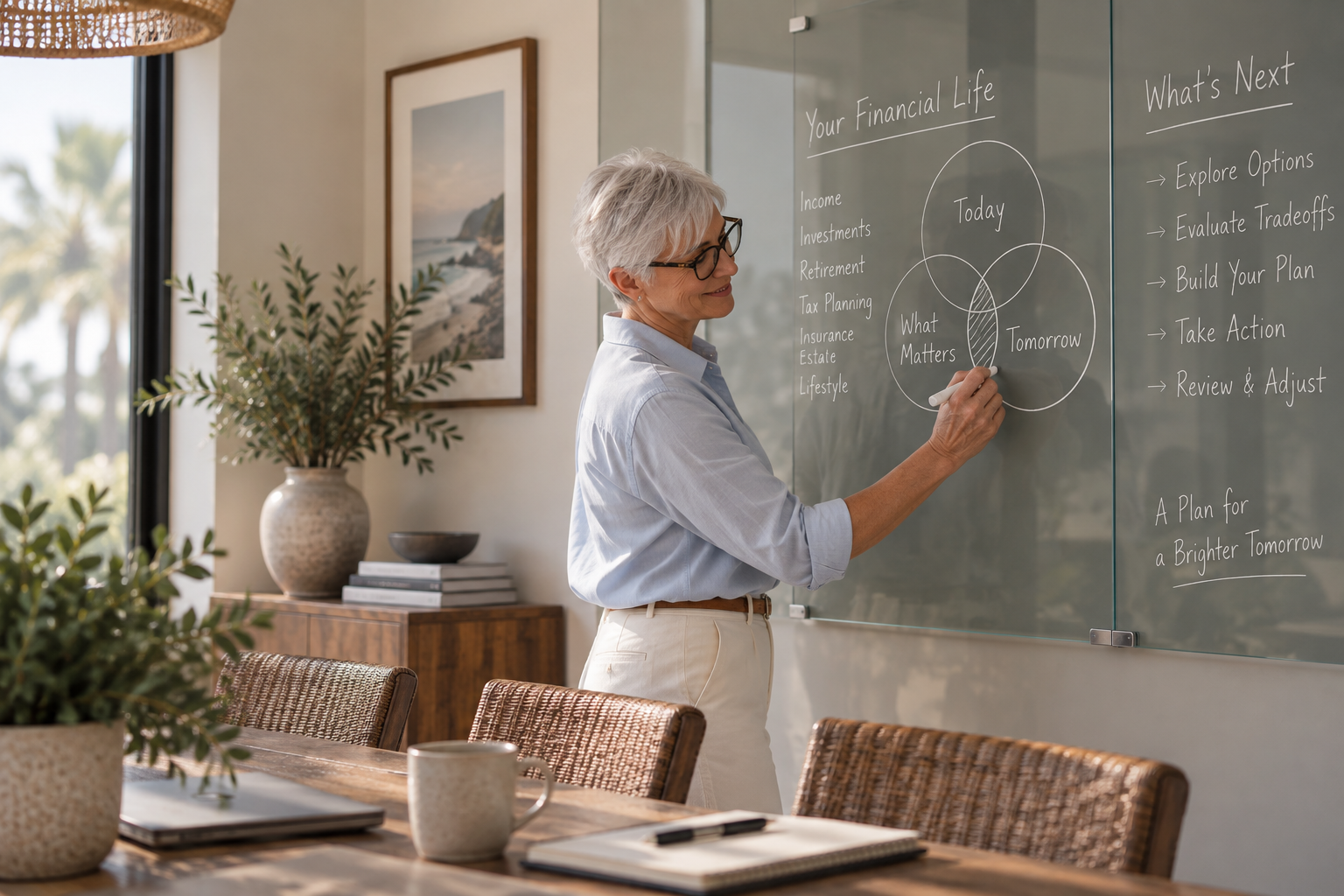 A woman in glasses writing on a glass board about financial planning, with a restaurant or office space setup, plants, and a framed picture in the background, and a table with notebooks, a mug, and a laptop in the foreground.