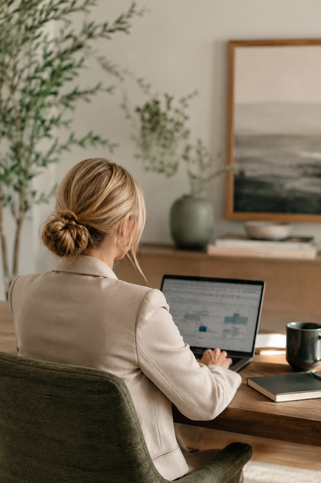 A woman with blonde hair in a bun, wearing a beige blazer, is working on a laptop at a wooden desk. There is a black mug, a black notebook, and an open book on the desk. Behind her, a large wall mirror, a green ceramic vase with plants, and framed artwork are visible in a cozy, well-lit room.