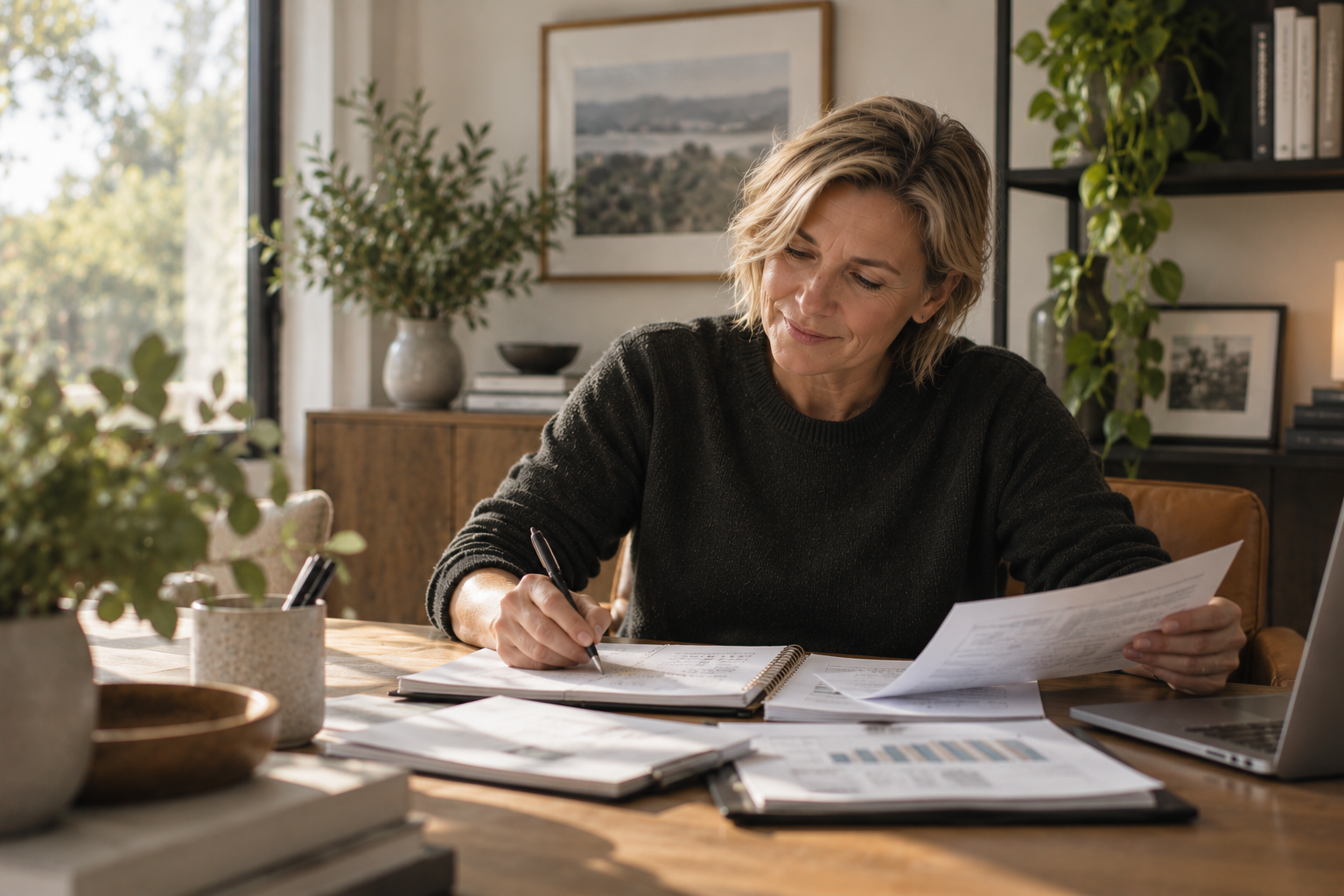Woman working at a desk with papers, laptop, and plants, in a well-lit, cozy room living space.