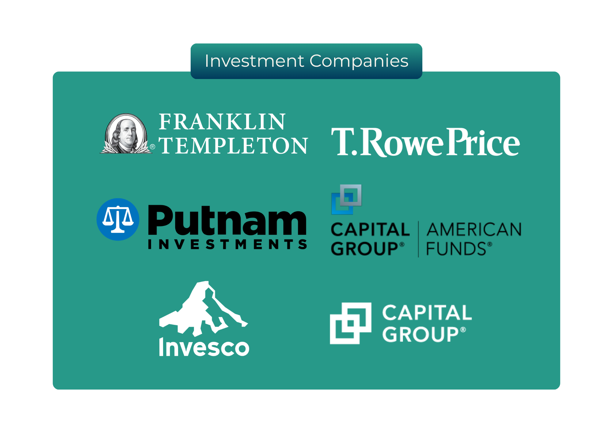 Various financial and investment company logos including Franklin Templeton, T. Rowe Price, Putnam, American Funds, Invesco, Capital Group, and others.