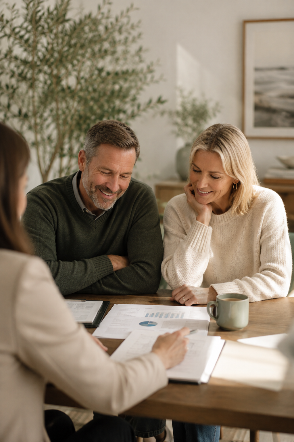 A family consulting with a financial advisor at a wooden table, discussing documents and charts, with a cup of coffee nearby, in a cozy home setting.