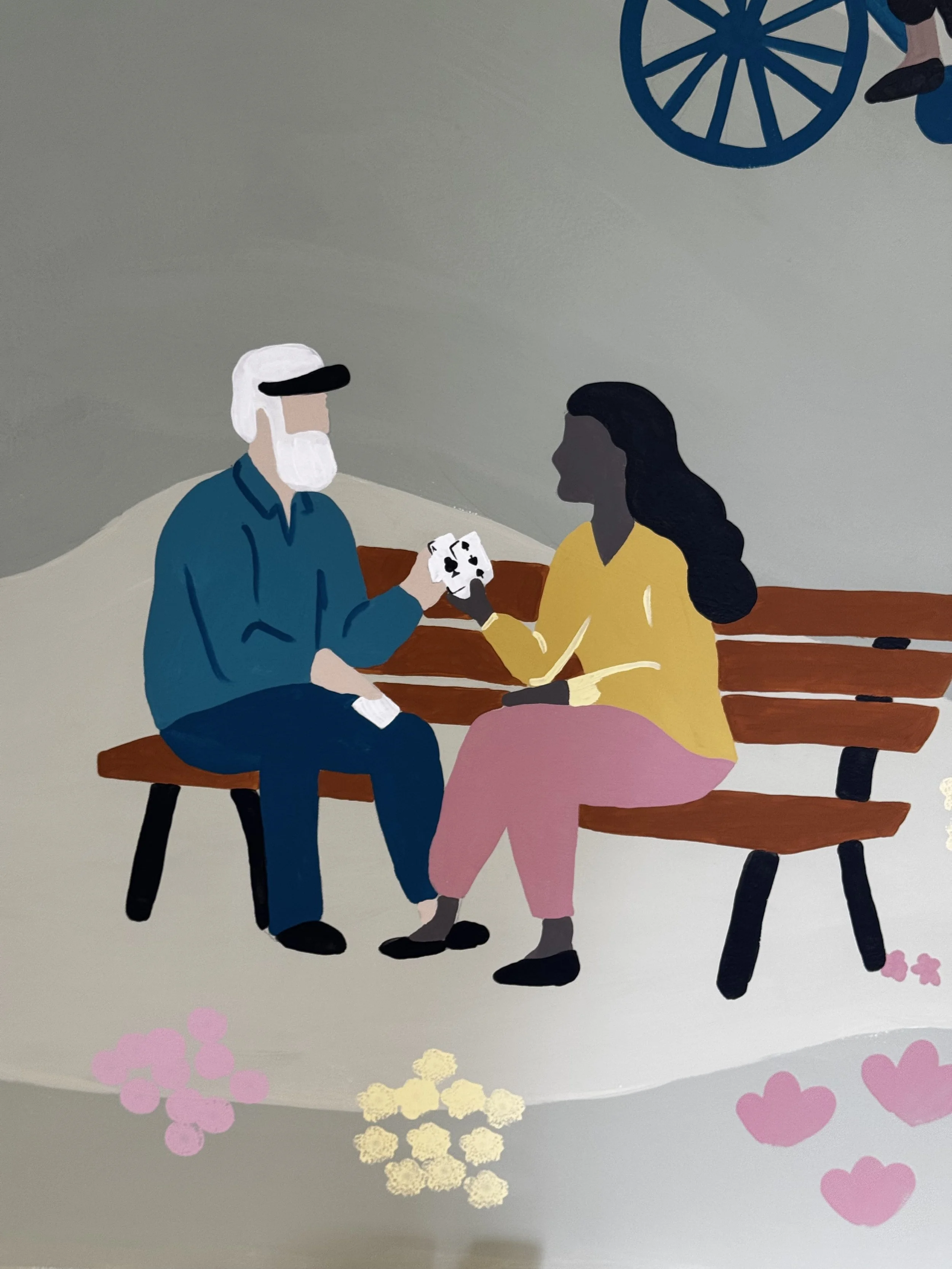 Illustration of an elderly man and a young woman sitting on a park bench, with the man giving the woman a flower. A blue wheel is visible in the top right corner, and pink and gold flower shapes are scattered around.