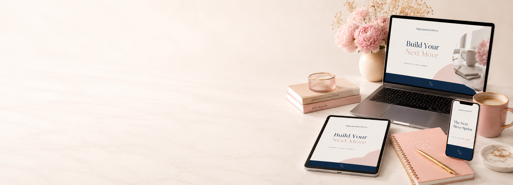 Blush-and-cream workspace featuring a laptop, tablet, and phone displaying DigitalmarketHERs resources, styled with pink flowers, a notebook, coffee, and gold accents.