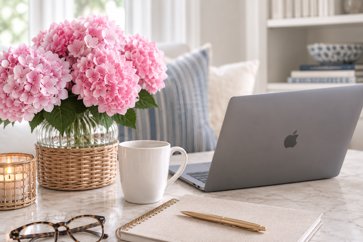 A bouquet of pink hydrangeas in a glass vase with wicker base, a white ceramic mug, a lit candle in a wicker holder, tortoiseshell glasses, a gold pen, and an open notebook with a pen on a marble table, with an Apple laptop nearby in a cozy room.
