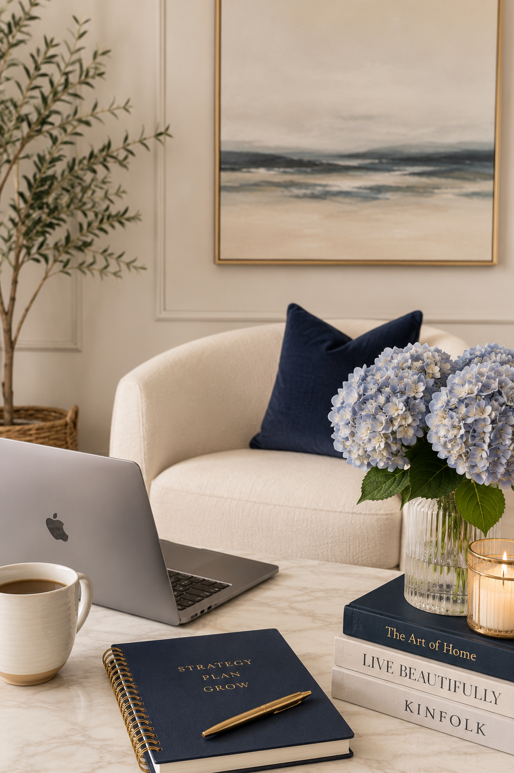 Bright, modern workspace with a laptop, coffee, blue hydrangeas, and a strategy notebook representing personalized career and business consulting for women.