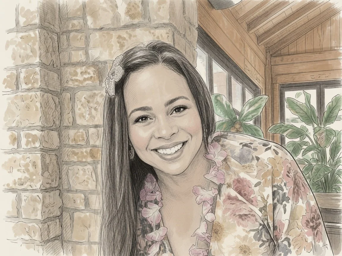 A woman with long dark hair, smiling, wearing a floral dress and a pink flower lei, stands indoors near a stone wall and large windows with leafy plants in the background.
