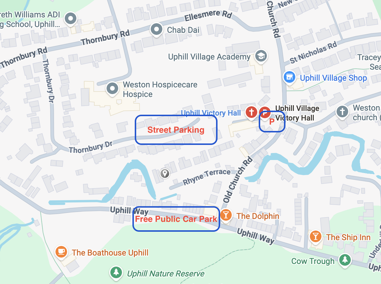Map of Uphill village with markers indicating street parking, free public car park, uphill victory hall, and nearby landmarks including Uphill Nature Reserve, Cow Trough, The Dolphin, and The Ship Inn.