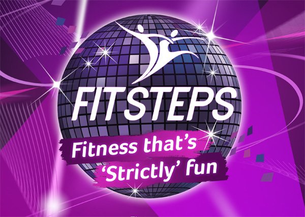Fitness logo featuring a globe with dancing figures, vibrant purple background with dynamic lines, and the slogan 'Fitness that's strictly fun'.