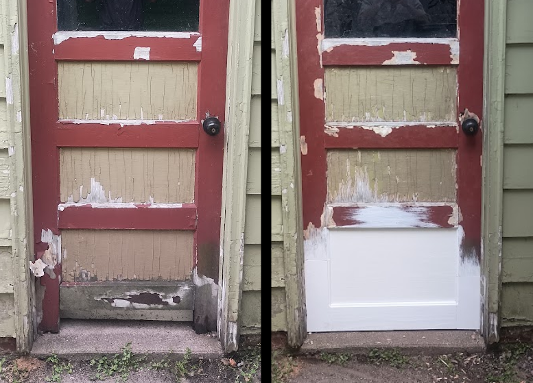 Comparison of a weathered door before and after restoration. The left door is old, with peeling red paint and worn wood panels. The right door is newly painted white with a fresh look.