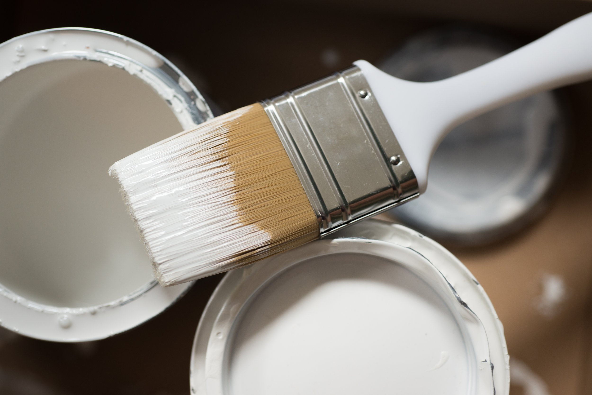 Close-up of a paintbrush with white paint, resting on stacked white paint cans.