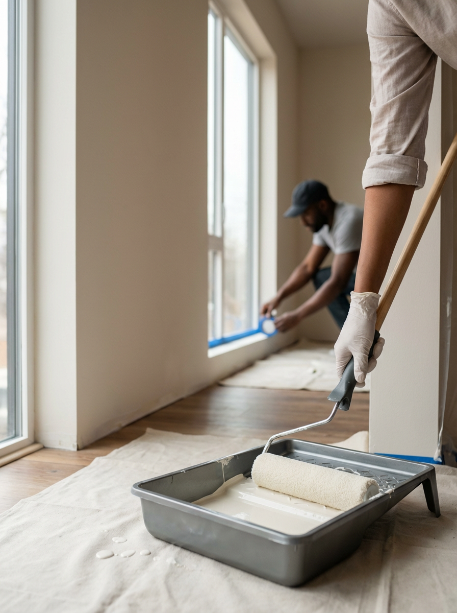 Two people painting window trim with white paint, using rollers and tape, inside a room with wooden floors and large windows.