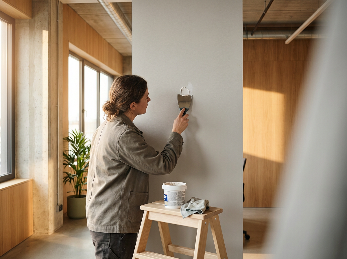 A woman painting a wall in a modern office space with a paintbrush.