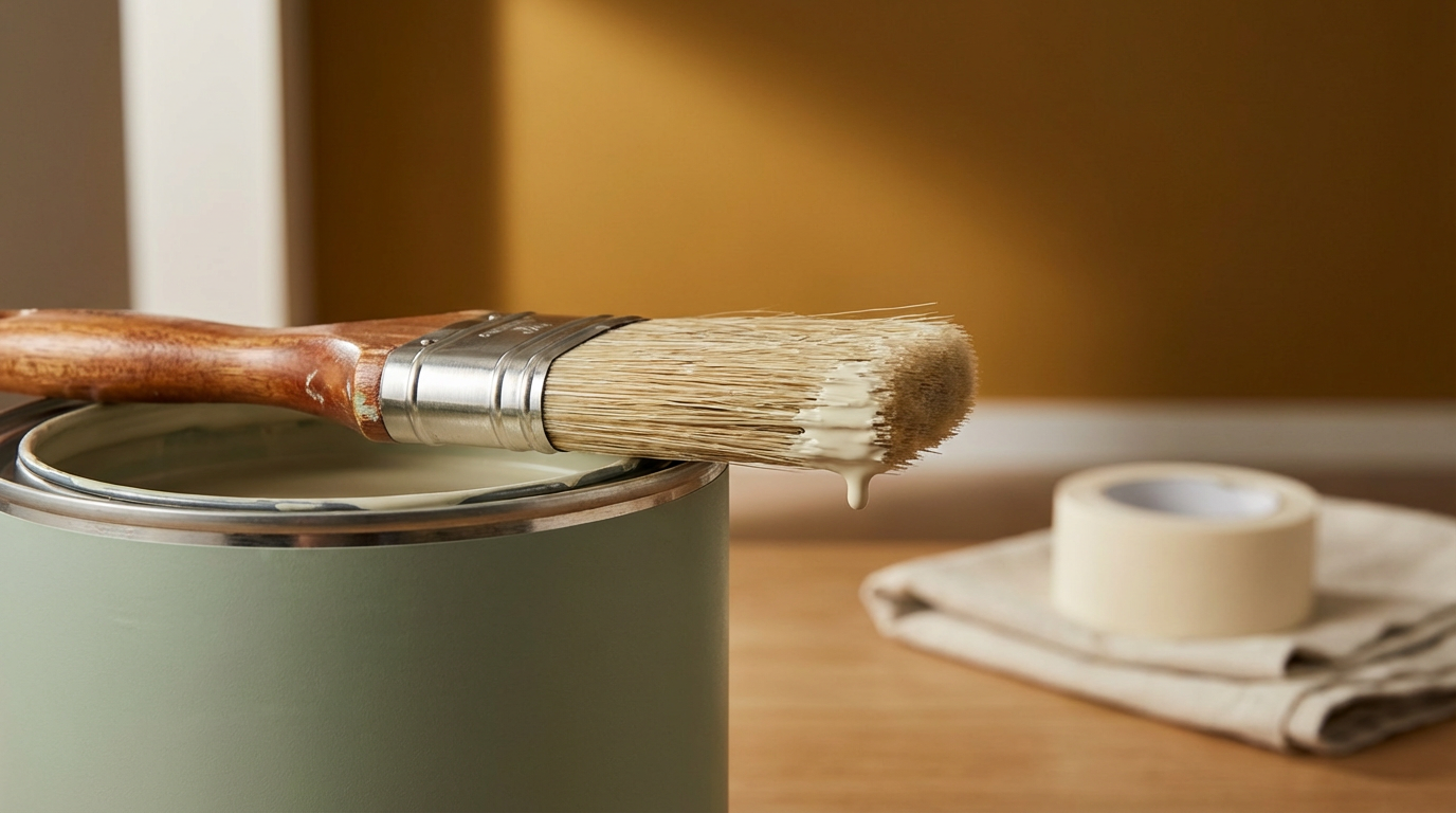 A paintbrush with white paint dripping from its bristles resting on the edge of an open paint can, with painter's tape and cloth on a wooden surface in the background.