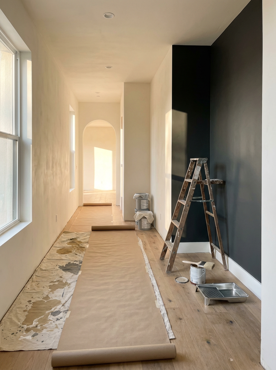 Interior of a house under renovation with painter's supplies on a hardwood floor, including a ladder, paint cans, and a paint tray, and a dark accent wall.