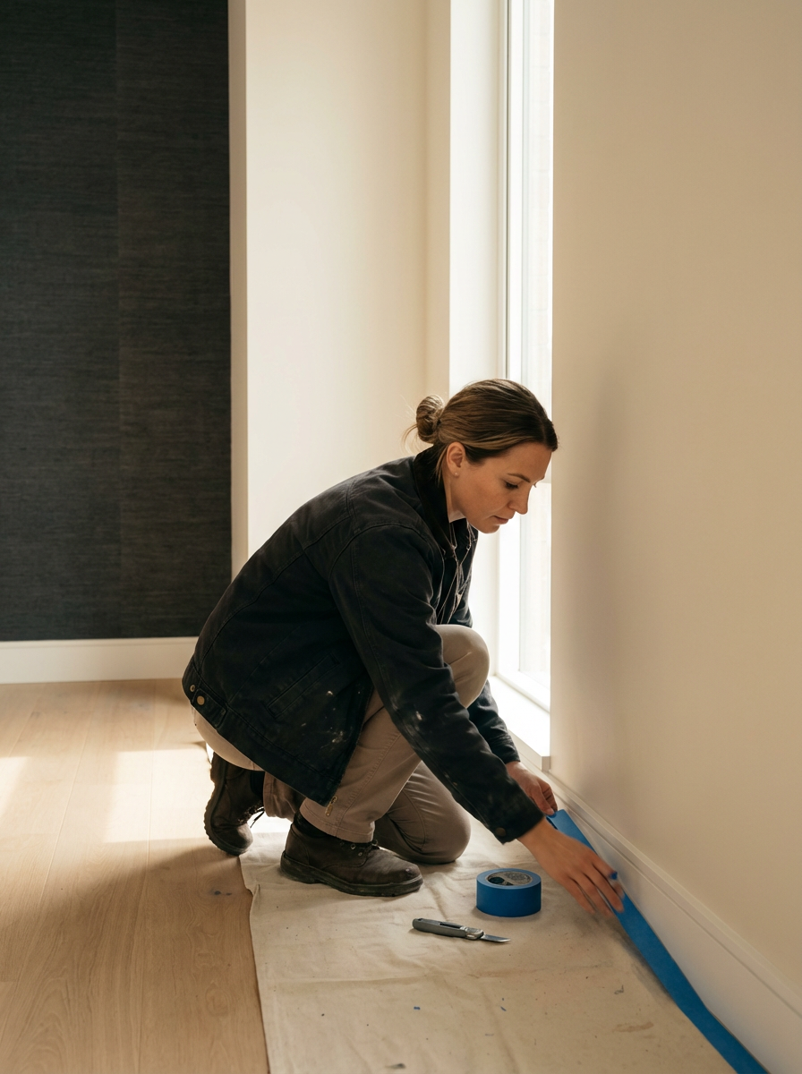 A woman kneeling on a drop cloth, taping baseboards along the bottom of a wall near a window indoors.