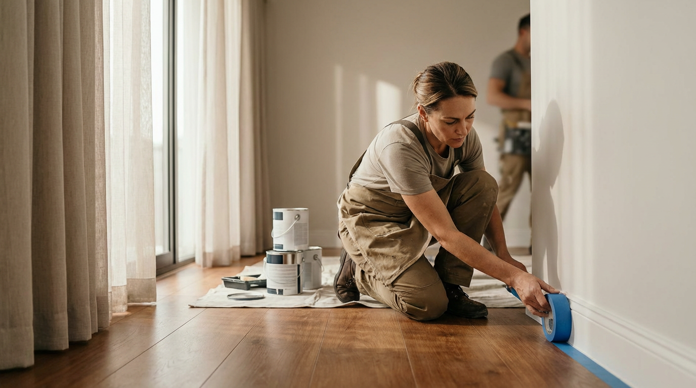 Woman painting baseboard blue tape on hardwood floor in room with open curtains