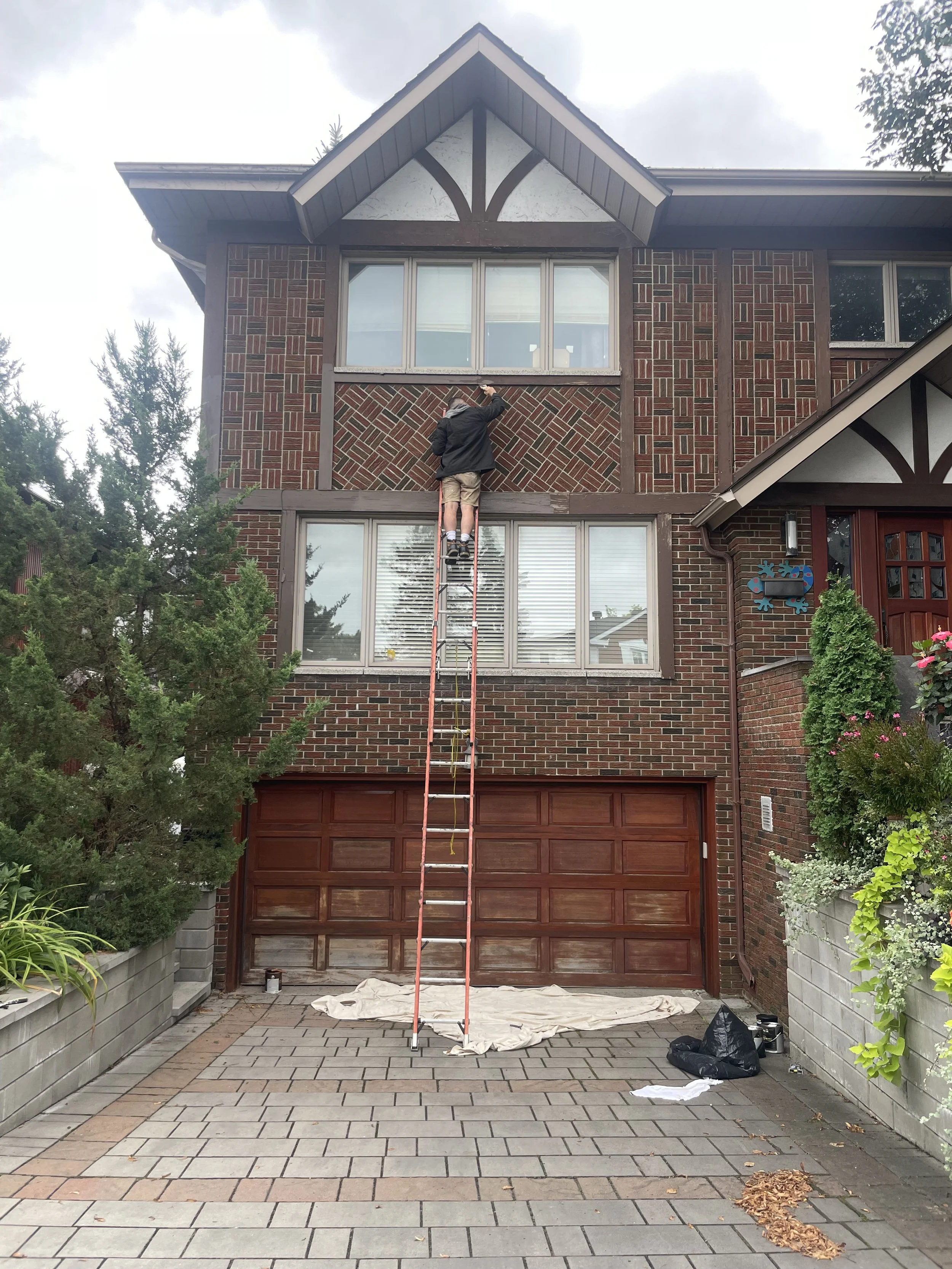 A man on a ladder working on the brick wall of a house, with a large window above. There are gardening plants on both sides and a paved driveway in front. The sky is cloudy.