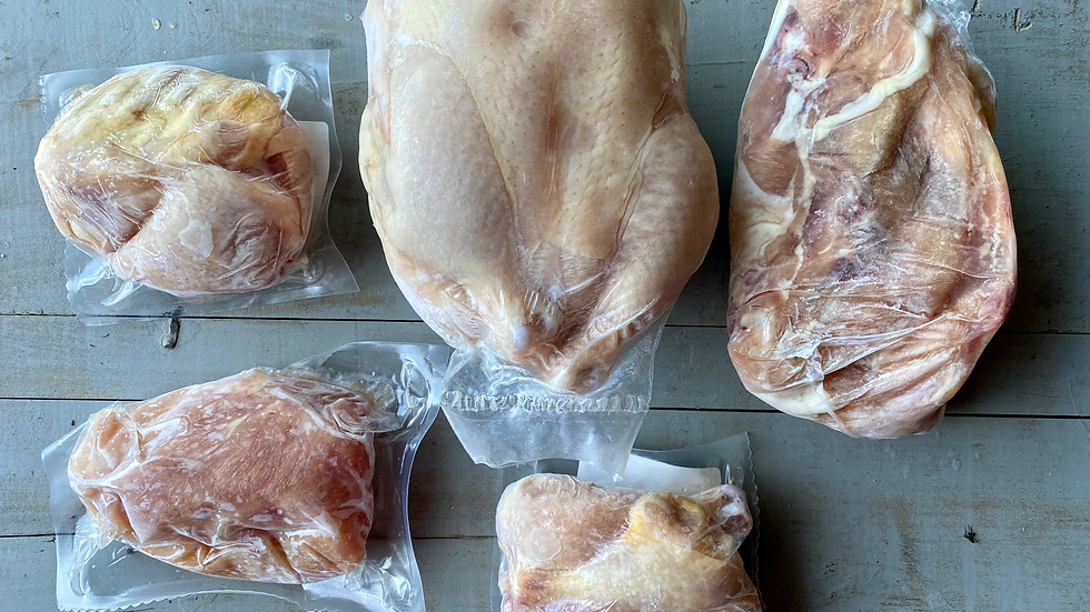 Six pieces of raw chicken meat vacuum-sealed in plastic bags on a wooden surface.