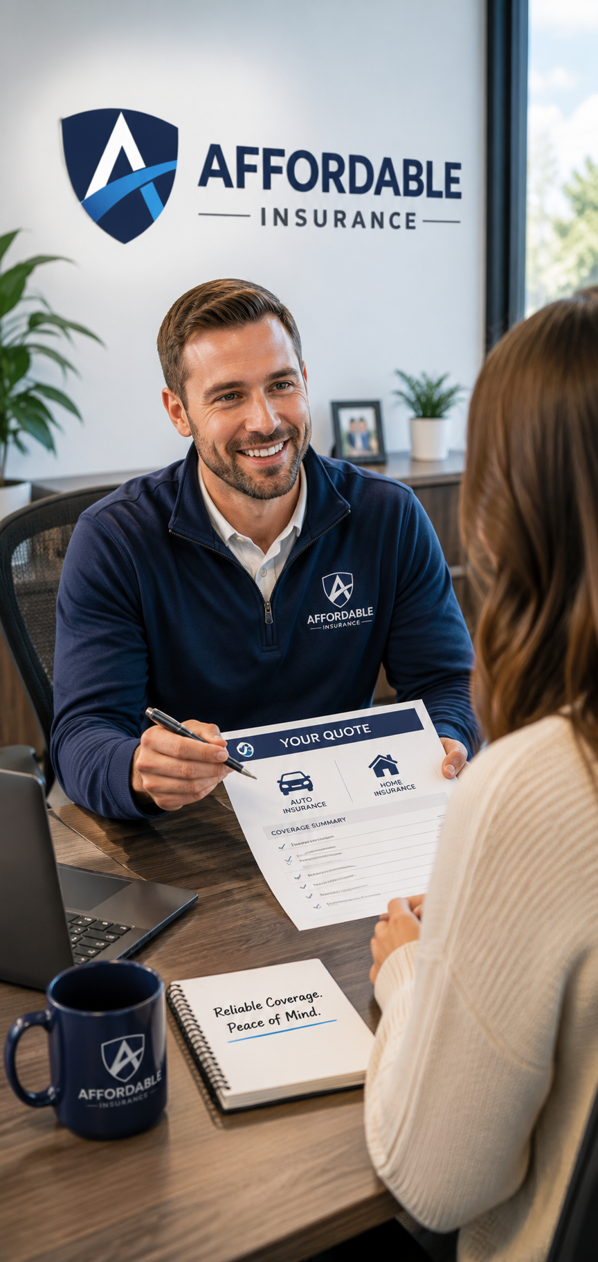 A man in an 'Affordable Insurance' uniform assisting a woman during an insurance consultation at an office desk. The man is smiling and holding a quote sheet, with the words 'YOUR QUOTE' and coverage options for auto and home insurance.