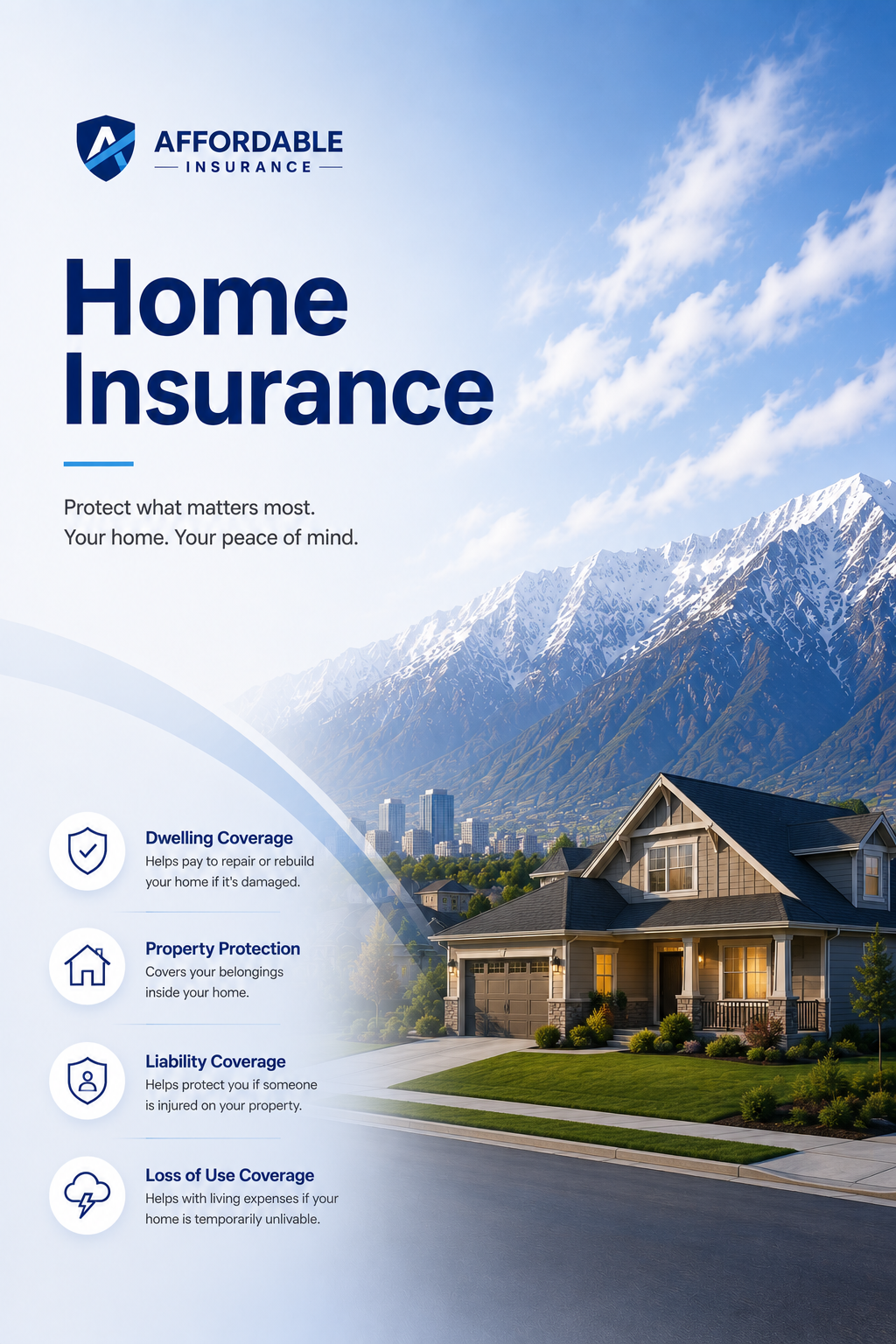 An advertisement for affordable home insurance showing a suburban house with mountains in the background and a blue sky, featuring icons and descriptions for dwelling coverage, property protection, liability coverage, and loss of use coverage.