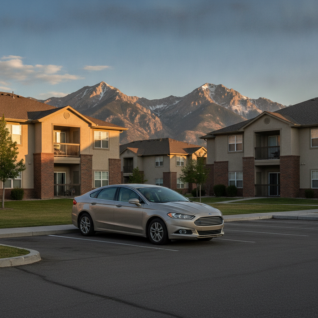 A silver sedan parked in an empty parking lot in front of an apartment complex with mountains in the background during sunset.