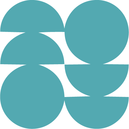 Six blue circles and three blue crescent shapes arranged in a pattern.