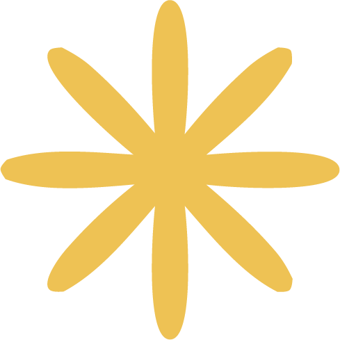A stylized yellow snowflake with eight elongated arms on a black background.