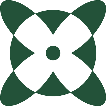 A black and green graphic logo with a central circle, four surrounding leaf-like shapes, and four black petal-like shapes in the middle.