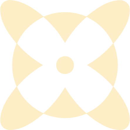 A geometric design with a black circle in the center, four white petal-like shapes around the circle, and a black X shape over the circle and surrounding shapes.