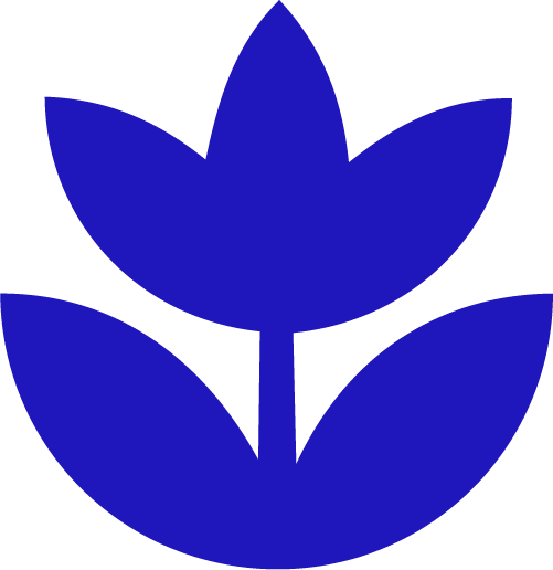 Stylized blue flower with three leaves and a central petal.