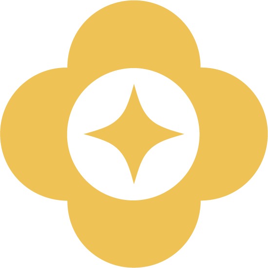 A stylized flower with four rounded yellow petals and a black center featuring a gold star-shaped design.