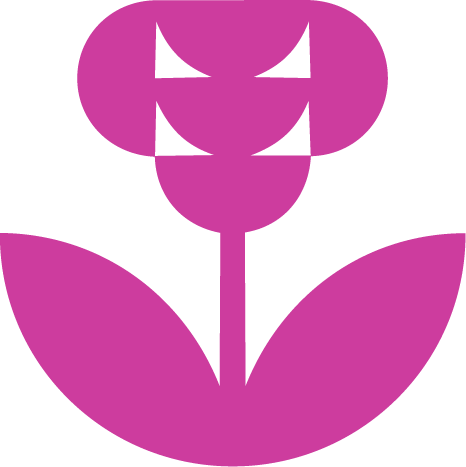 Stylized purple flower with three petals and two leaves against a black background.
