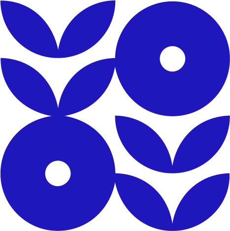 Stylized blue floral pattern with leaves and circular flowers on a black background.