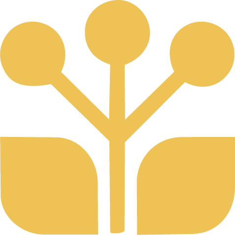A stylized yellow tree with three circular leaves or fruits on a black background.