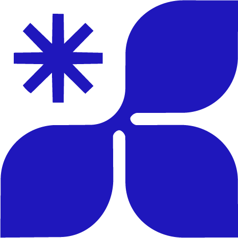 Blue abstract graphic with three leaf-shaped elements and a star-like shape
