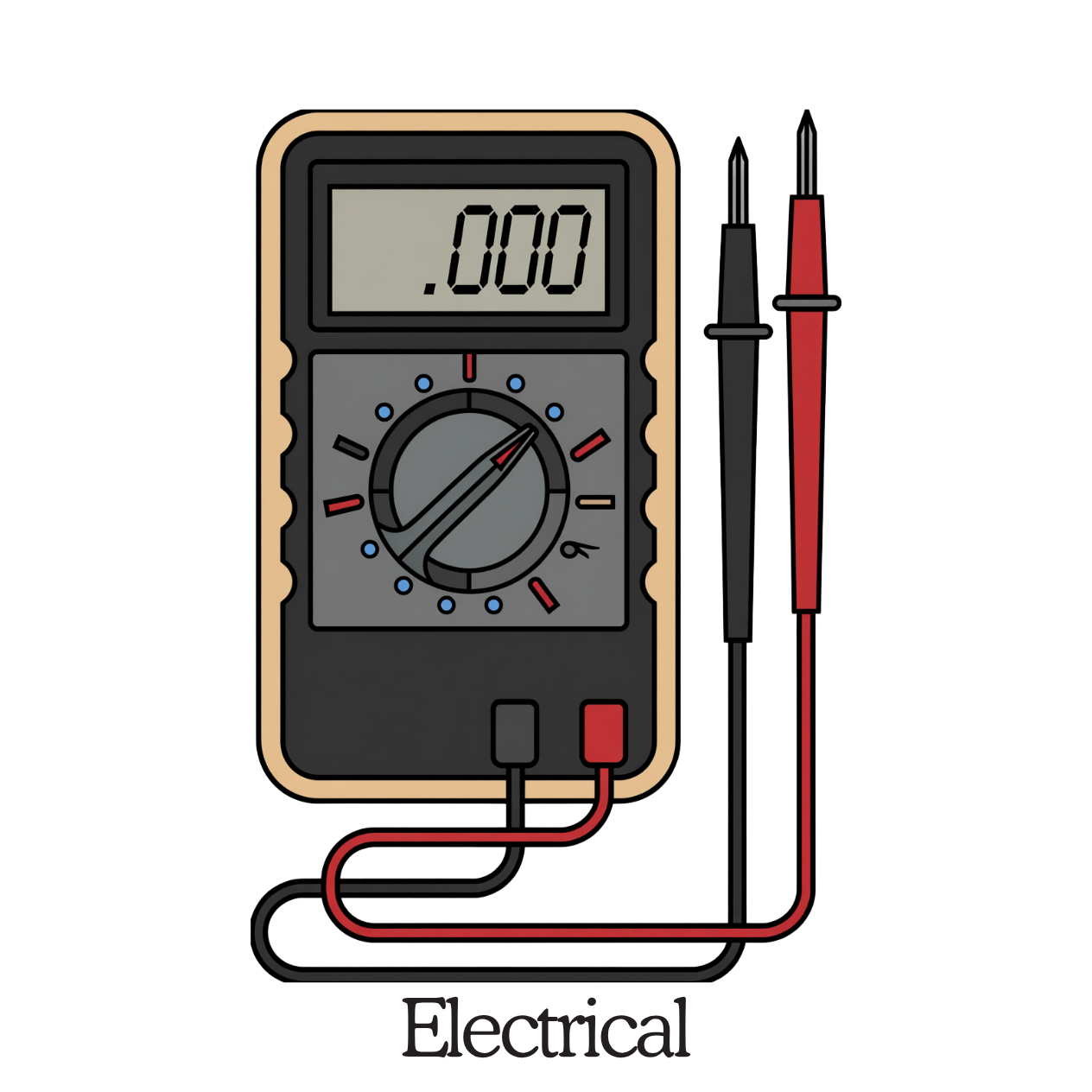 A digital multimeter with the display reading 0.00, showing probes connected to measure electrical voltage or current.
